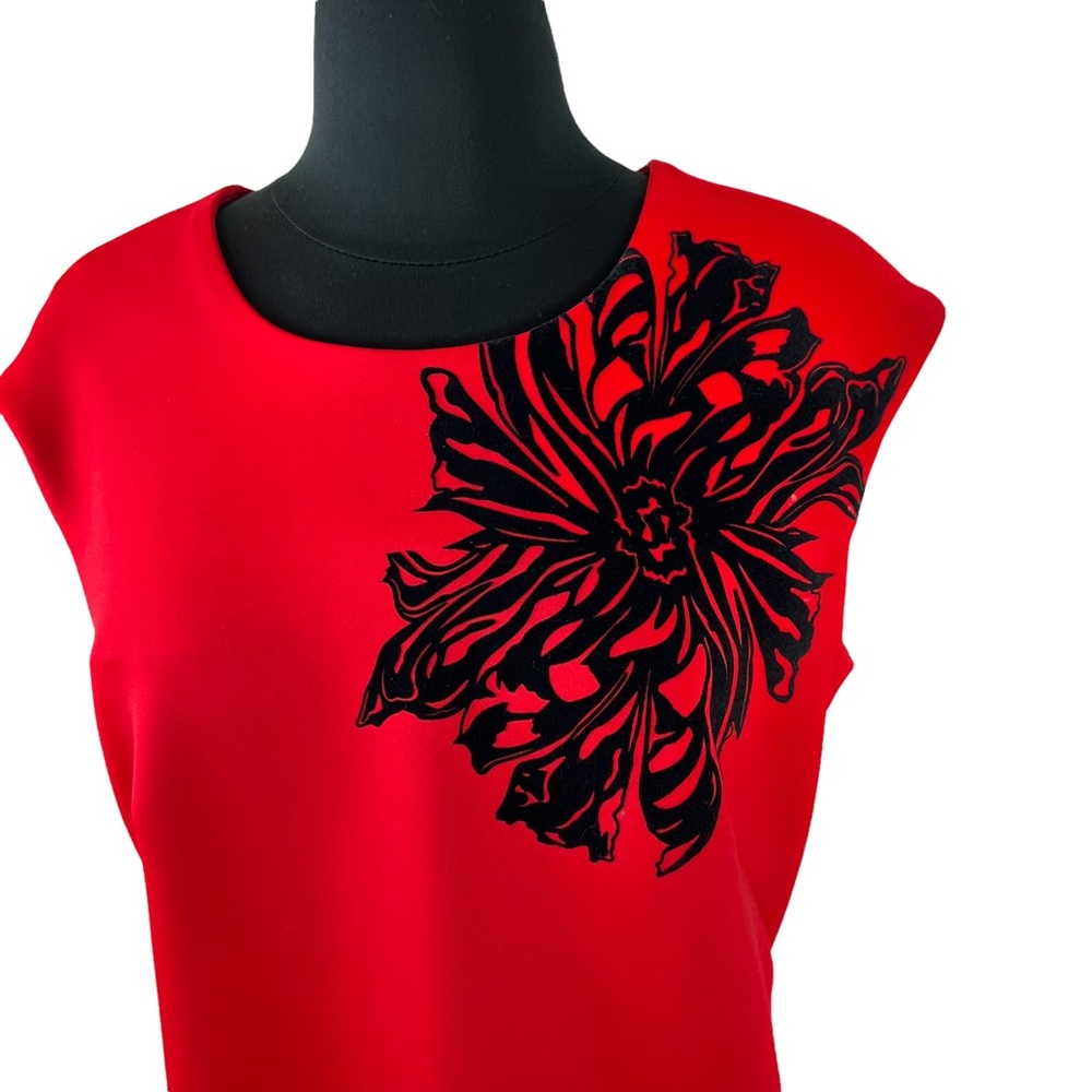 Calvin Klein Red Sleeveless Midi Dress with Black Floral Appliqué - Picture 3 of 11